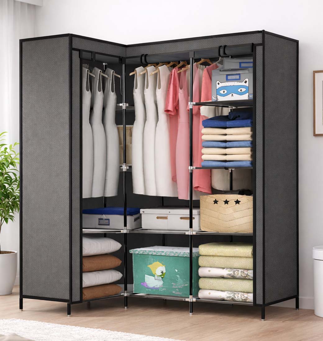 Closet Armario Portátil Esquinero Tela | 120x45x180cm | 2 Barrales 4 Estantes
