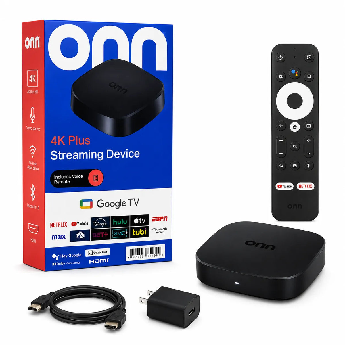 Dispositivo onn 4K Plus con Google TV y su control remoto por voz - vista 4