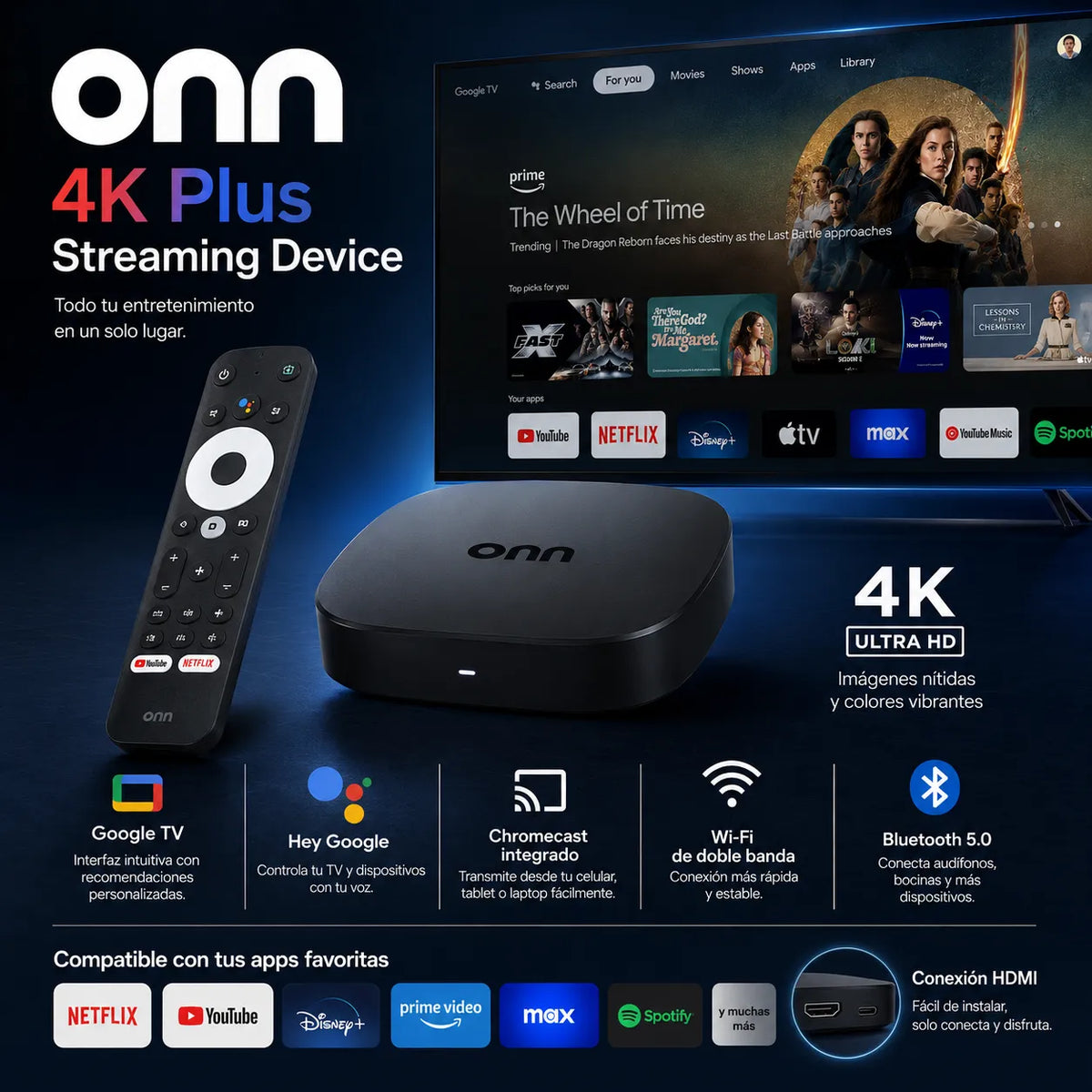Dispositivo onn 4K Plus con Google TV y su control remoto por voz - vista 5