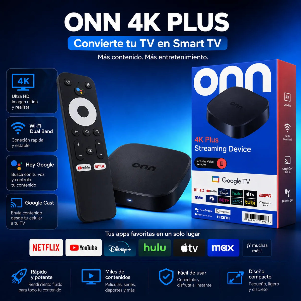 Dispositivo onn 4K Plus con Google TV y su control remoto por voz - vista 2