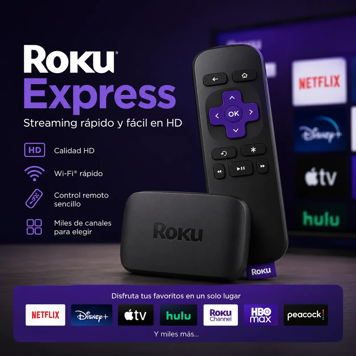 Roku Express HD con su control remoto y cable HDMI - vista 2