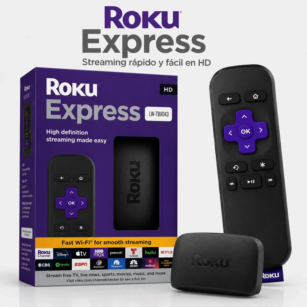 Roku Express HD con su control remoto y cable HDMI