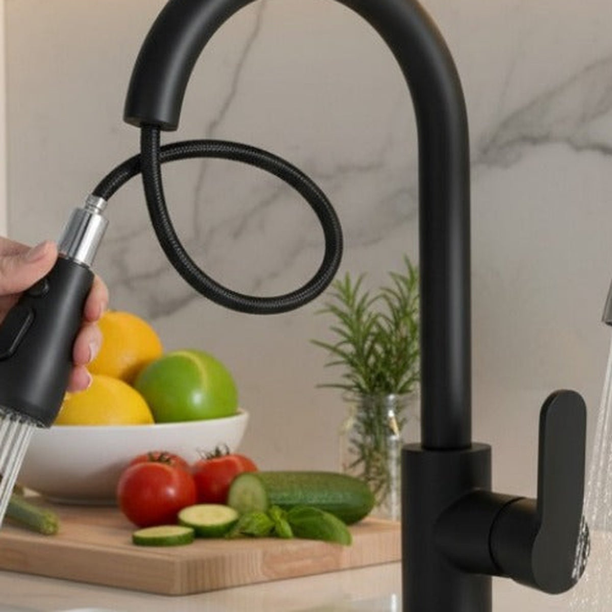 Ducha extraible del grifo de cocina con manguera flexible, acabado negro mate